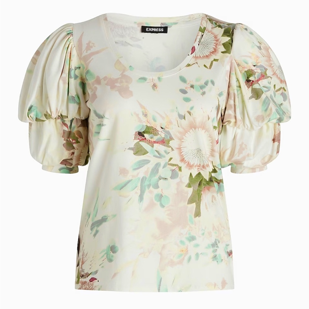 NWT Medium Floral Skimming Scoop Neck Puff Sleeve Tee/ Express